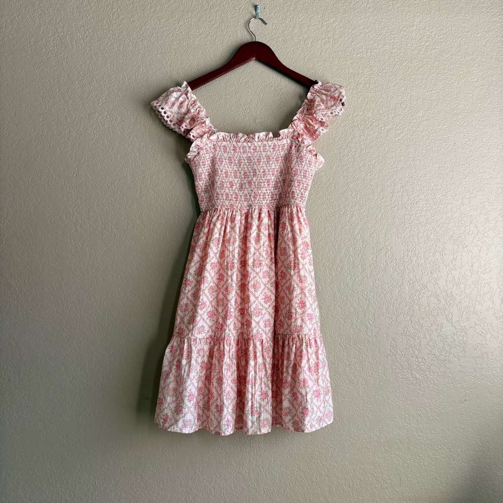 Pink Floral Smocked Cottage core shorts lined Dress Lace Ruffle Sleeve Size M